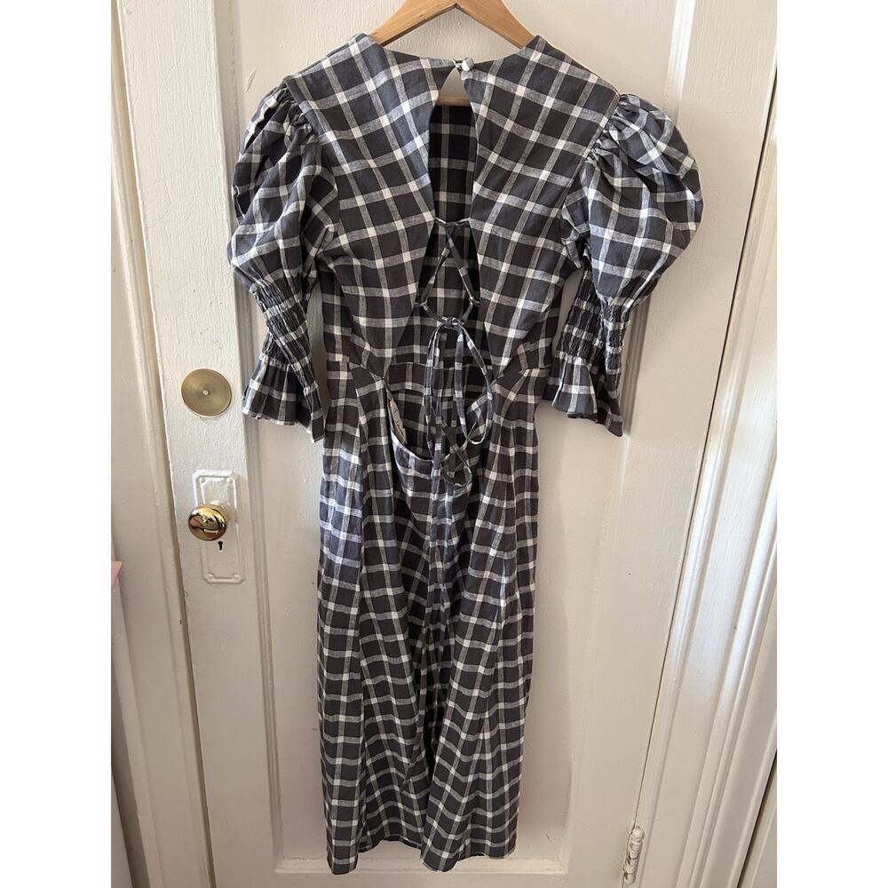 Nary Resort Gray‎ Plaid Puff Sleeve Dress Tie Back Slit | L - Picture 5 of 6